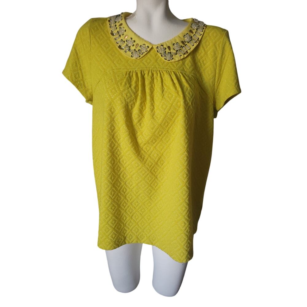 ANTHROPOLOGIE Postmark Yellow Jacquard Beaded Peter Pan Collar Short Sleeve Top